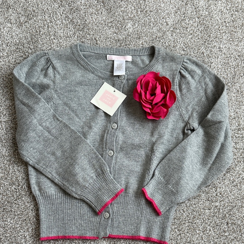 Janie and Jack Gray Cardigan with Pink Flower